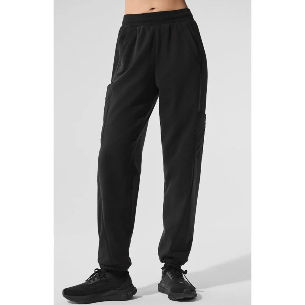 Alo Polar Fleece Wintry Mix Pant Black High-Rise Waist Fleece Fuzzy Warm Joggers